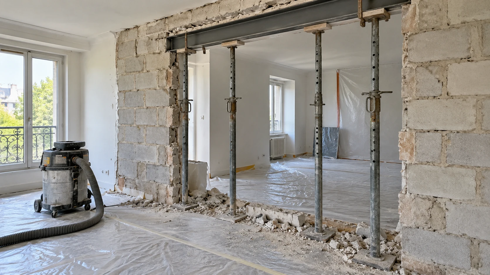 Illustration d’une ouverture maçonnée, protections et étais de chantier
